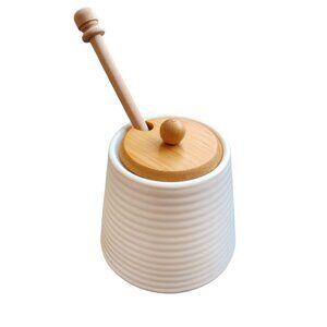 White Decorative Honey Pot with Wooden Dipper and Lid